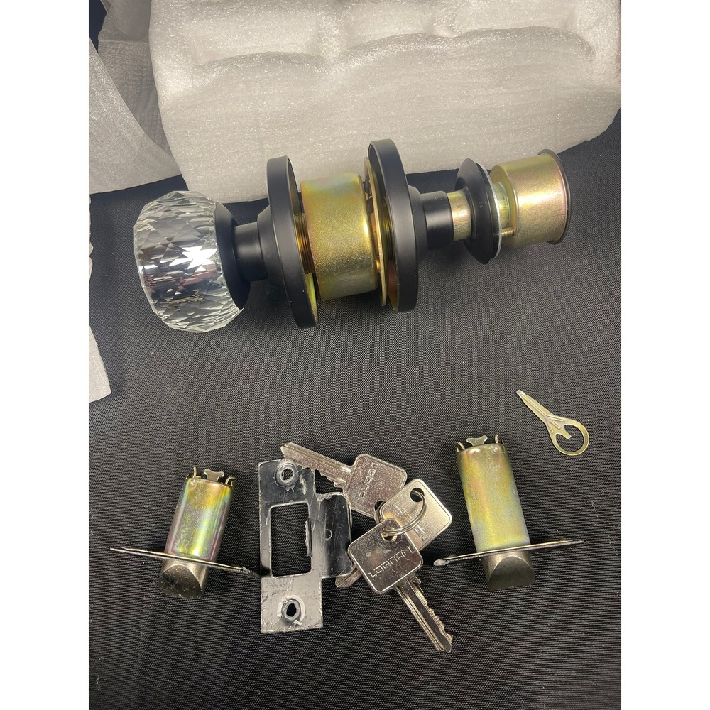 Crystal Door Knob Set‎ with Lock and Keys Matte Black Interior Exterior